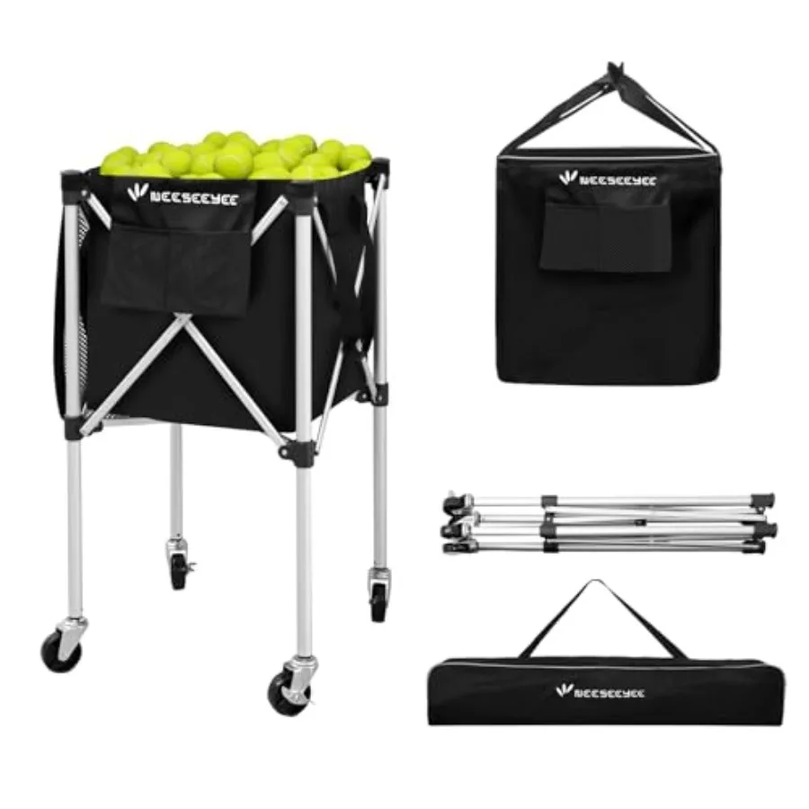 

Sturdy Pickleball Tennis Ball Hopper-Foldable Lightweight Tennis Cart Holds 240 Tennis/180 Pickleballs with Removable BagWheels