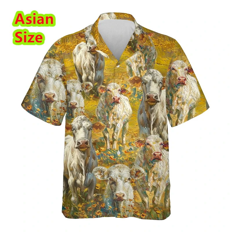 

Funny Cows Pattern Hawaiian Shirt Summer Casual Short Sleeve Lapel 3D Animals Printed Blouse Loose Beach Vacation Men Clothing
