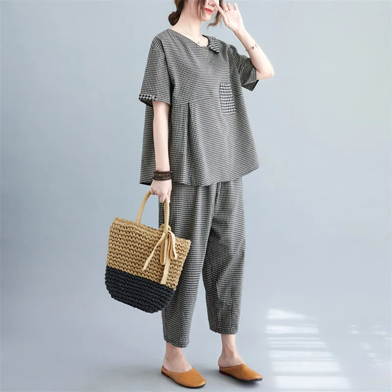 Modny zestaw z bawełny i lnu z elastyczną talią, spodnie typu harlan o długości 7/8, duży rozmiar, damski zestaw dwuczęściowy lub spódnica.