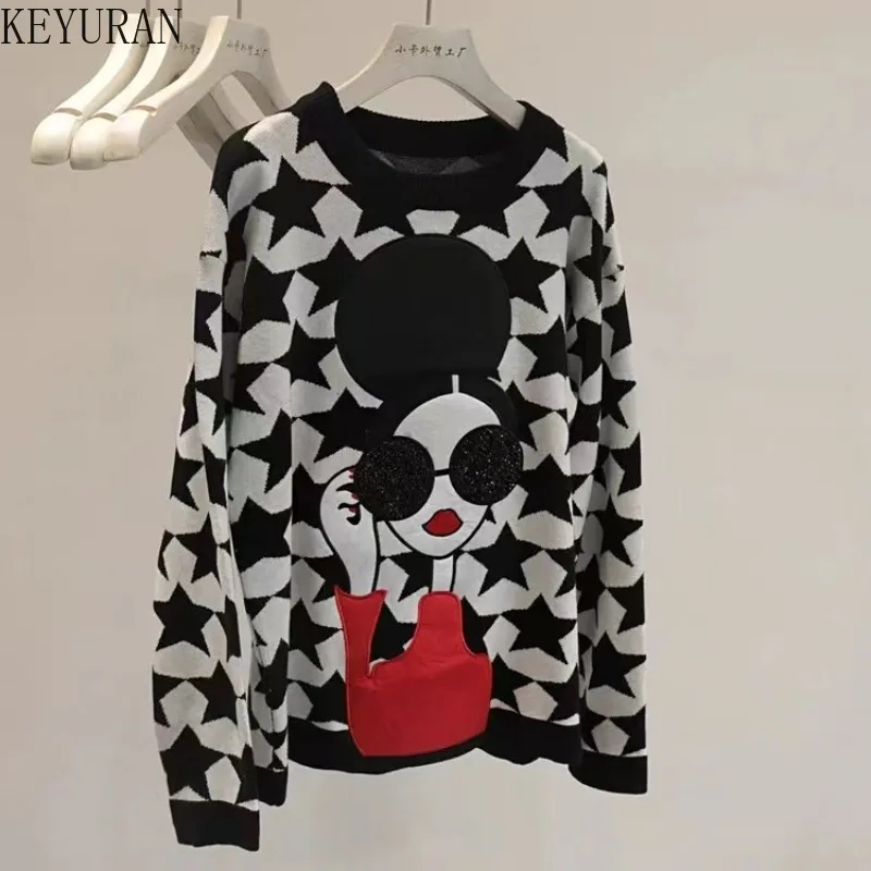 Cartoon Pullover Sweater Women Autumn Winter Vintage Fashion Star Jacquard Long Sleeve Casual Knitwear Tops Jumper Sueter Mujer