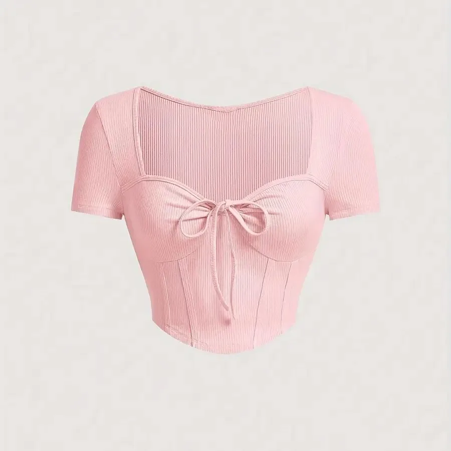 

Женская сексуальная футболка с квадратным вырезом и коротким рукавом 2026 года – эластичный однотонный топ, идеально подходящий для летнего многослойного и повседневного ношения