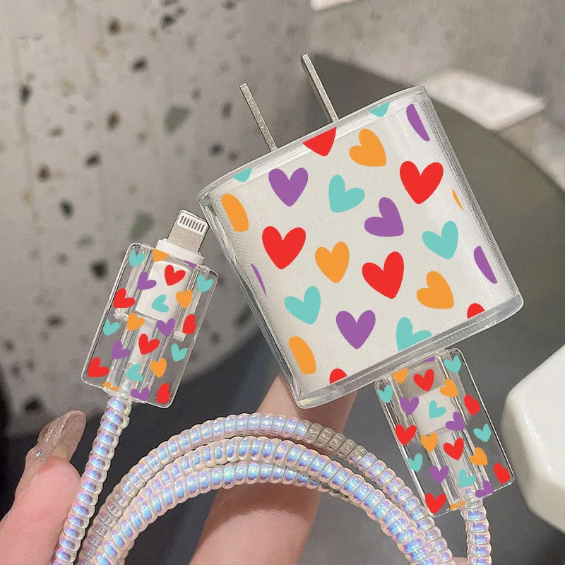 Colorful Love Pattern Charger Protective Case for IPhone 15 14 13 Pro Max 18/20W Charger&Charging Protector Data Wire Winder