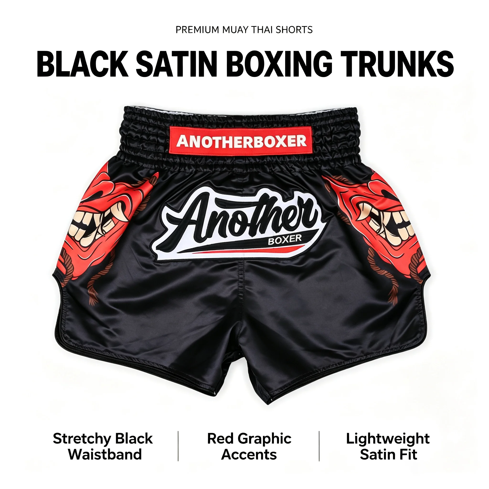 Unisex Schwarze Satin Muay Thai Shorts mit Roter Grafik und Seitenschlitz für Boxen, MMA, Kickboxen, Training, Sparring, Kampfsport