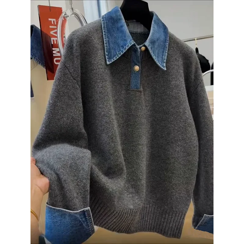 

Temperament Polo Collar Denim Stitching Sweater Women Fake Two-piece Sweater Female Pullover Casual All-Match Knitted Jumper