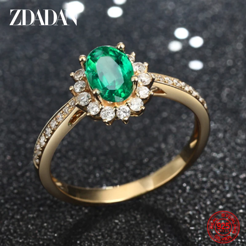 ZDADAN 925 Sterling Silver 18K Gold Emerald Adjustable Ring For Women Girls Fashion Party Jewelry