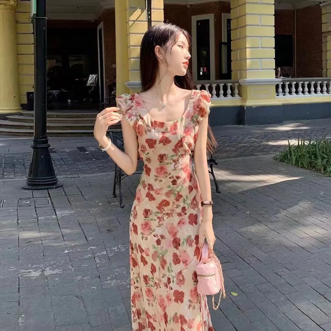 

Retro Floral Print Women's Dress Summer 2025 New Design Fleece Sleeve Slimming A-Line Long Dress High Waist Polyester Fiber