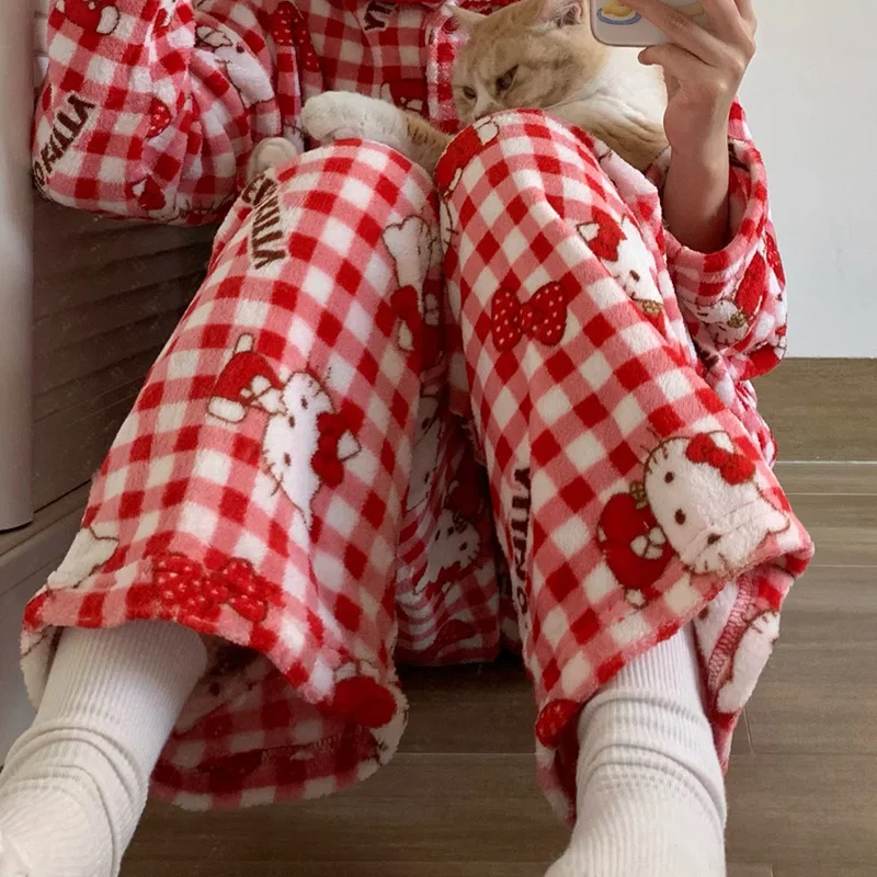 Cartoon Hello Kitty Sanrio Kawaii Y2K Flannel Sleeping Pants Autumn Winter New Thick Plush Warm Casual Home Pants Toys for Kids