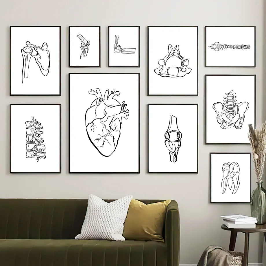 

Minimalist Line Anatomy Heart Bones Teeth Wall Art Mural Canvas Painting Medicine Posters Prints Pictures Living Room Home Decor