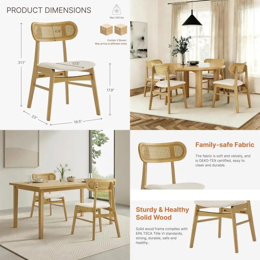 

4-Piece Upholstered Dining Set, Oak Wood Chairs with Rattan Backrest, Suitable for Kitchen & Restaurant (Cream Fabric & Natural