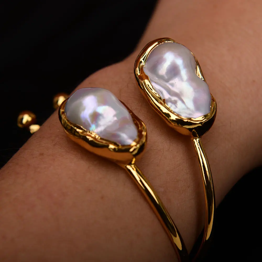 

GG 2 Rows Natural Big White Keshi Pearl Bangle Gold Edge Plated Baroque Pearl Bracelet Lady Gifts