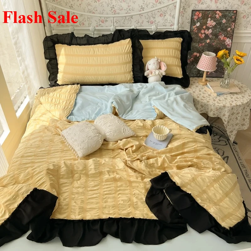 

New seersucker chiffon lace washed cotton summer cool quilt four-piece air conditioner quilt three-piece summer quilt set