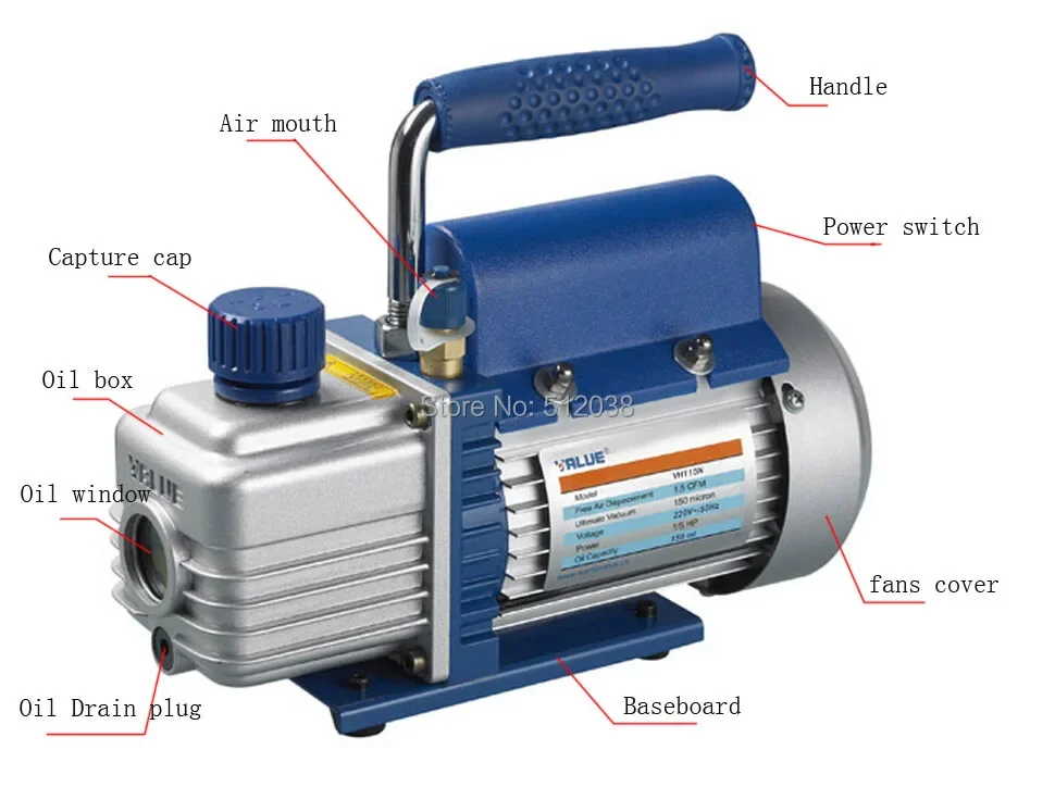 Single Stage Rotary Vane Vacuum Pump for Refrigeration Print Package  etc...  2CFM  220V 150W