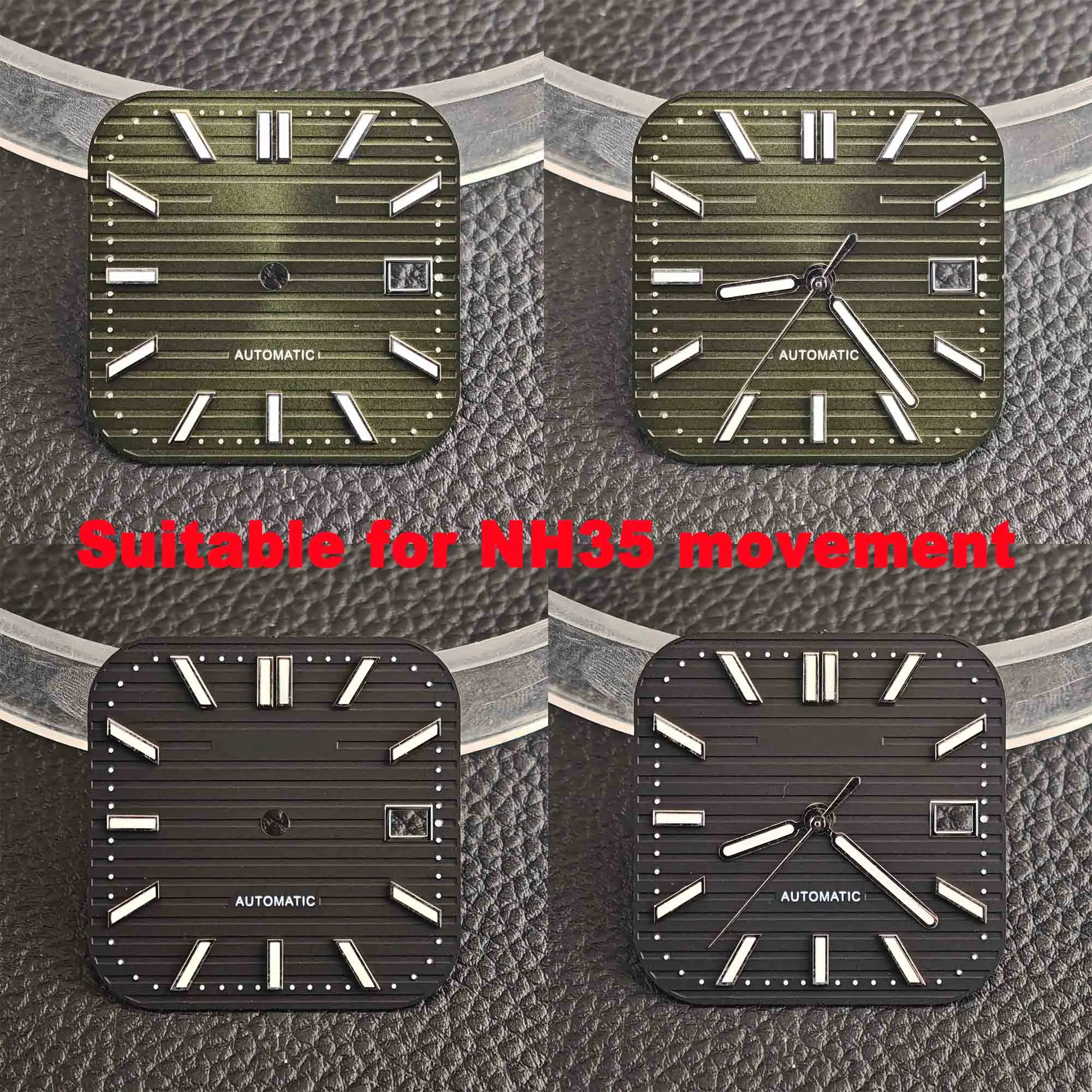 29.5 مللي متر مناسب لقرص الساعة NH35 المربع باللون الأخضر المضيء والمؤشر مناسب لقطع غيار ساعة الحركة NH35