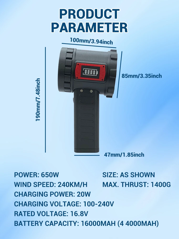 

650W Powerful Turbo Fan 240km/h Brushless Motor Air Blower Battery Level Indicator Snow Removal Outdoor Turbo Jet Blower