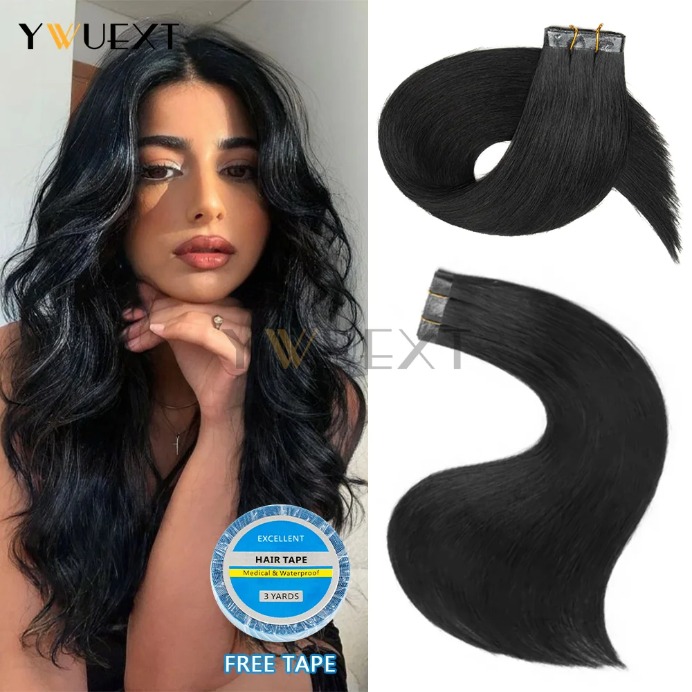 

YWUEXT Seamless Weft Human Hair Extensions 12 16 20 inches Straight PU Skin Hair Machine Remy Hair Jet Black Natural Black Hair