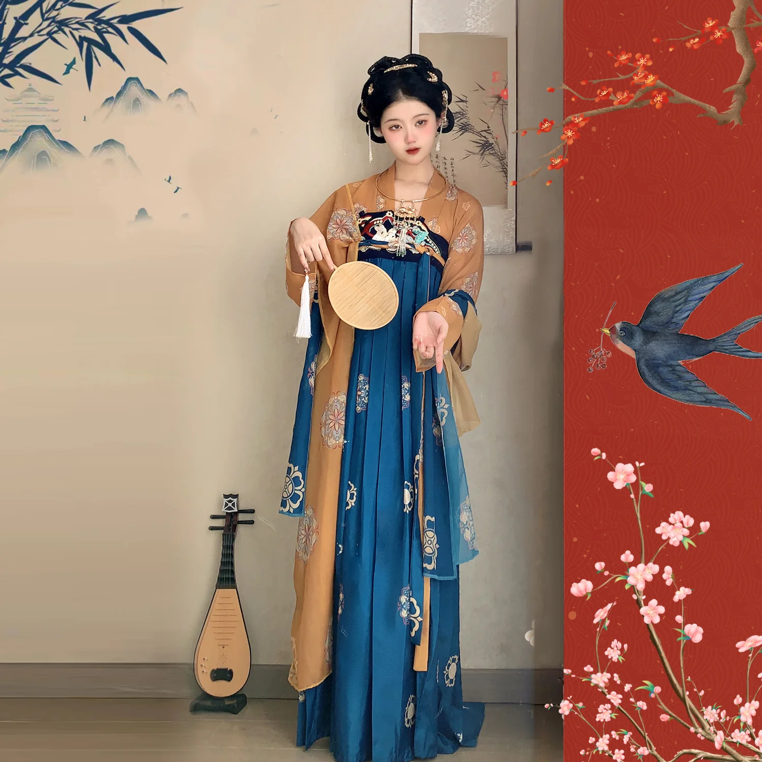 Original Chinese Hanfu Dress - Tang Style Qixiong Ruqun Spring Collection (Affordable Full Set with Matching BFF Version)