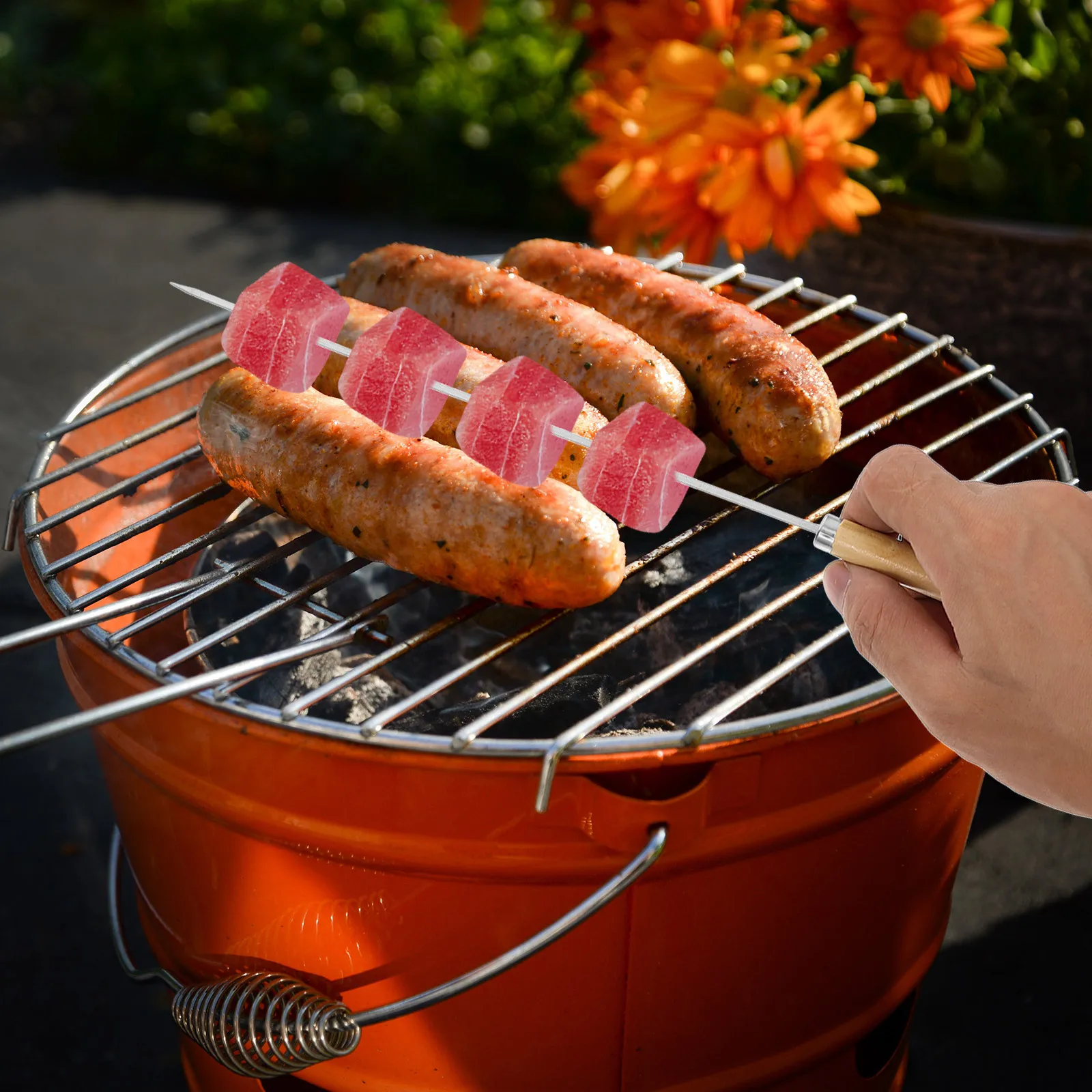 50 Uds. Brochetas de acero inoxidable palitos de barbacoa de Metal con mango de madera de agarre cómodo Ideal para barbacoas al aire libre