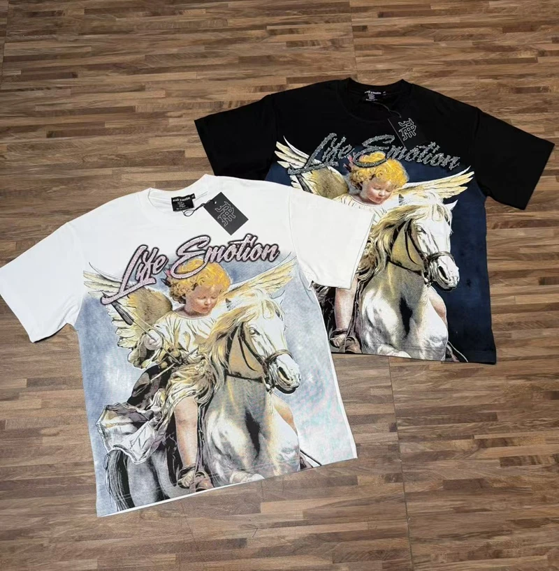Strass-Engel-Grafik Kurzarm-T-Shirt für Männer und Frauen, Cropped Oversize Hip-Hop Y2K Streetwear, Rote Casual Tees Tops aus Baumwolle – Detail 6