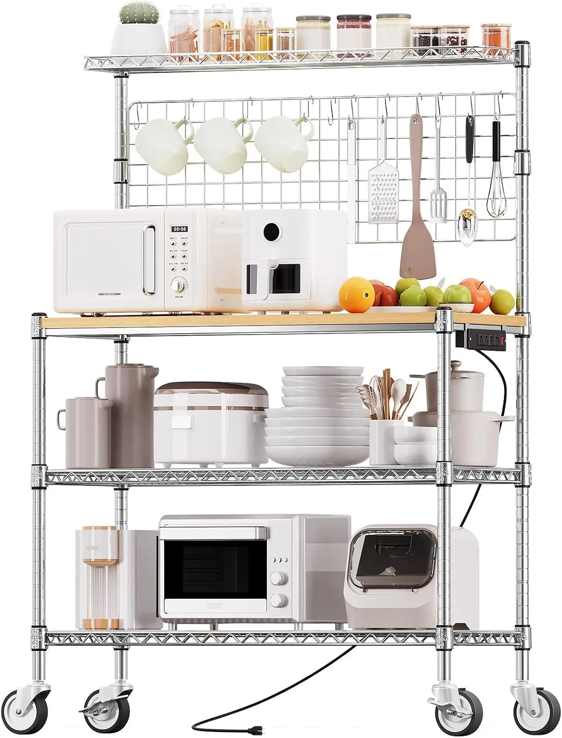 Stand Kitchen Cart, 4-Tier Metal Shelf with Wheels & 20 S-Hooks for Kitchen Pots, Appliances, 63 x 18 x 36 Inch, Chrome