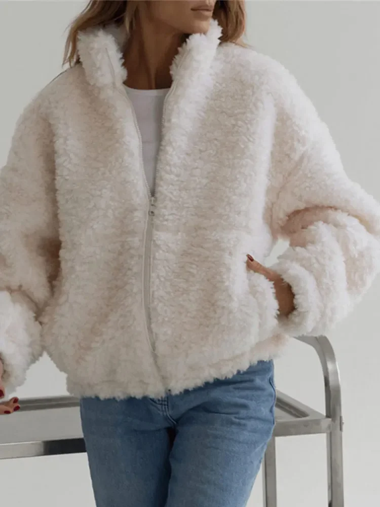 女性用秋冬シックカジュアルコート、無地スタンドネックラムフリースコート、レディースふわふわクロップドジッパー付きゆったり快適テディジャケット