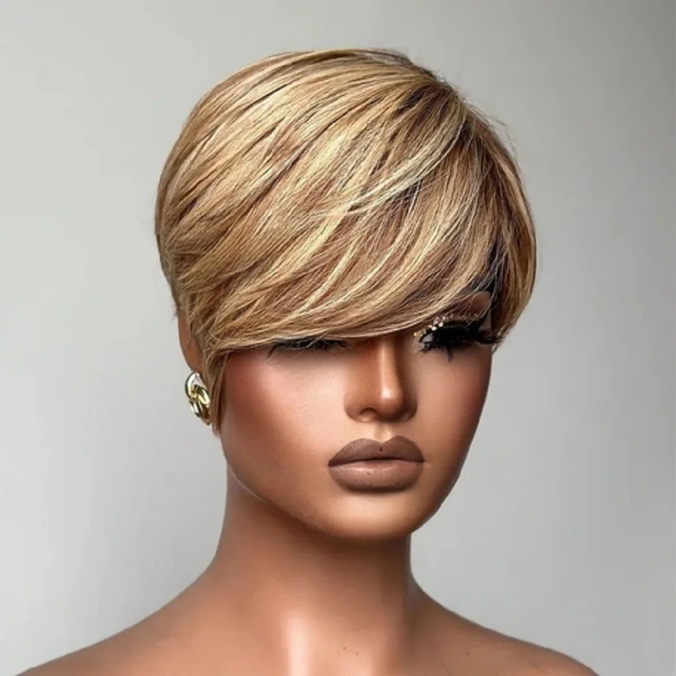 

P427 Highlight Short Bob Wig Human Hair Blonde Short Pixie Cut Glueless Long Bangs Wig Full Machine Wig Brazilian Hair Wigs