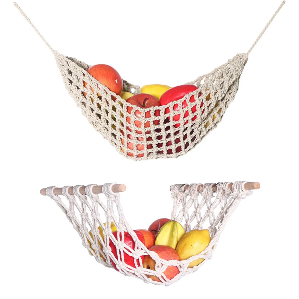 Hand-Woven Macrame Fruit Cotton Rope Net Under Cabinet Fruit Vegetable Hanging Basket Kitchen Storage Organizer Decoration