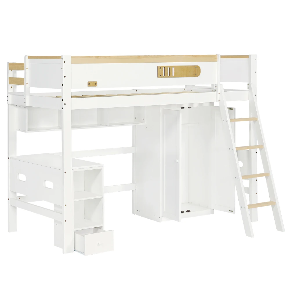 PINGGO Etagenbett für Kinder mit Fallschirmschutzgeländer, Schreibtisch, Kleiderschrank, Stauraum, 4-Stufen-Leiter, Kiefer, MDF, Sperrholz, Weiß, 90x200cm, ohne Matratze – Detail 11