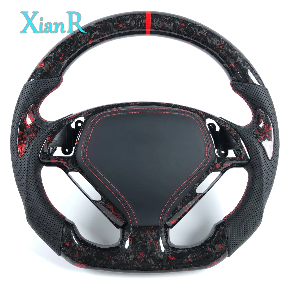 

Красный руль из кованого карбона класса люкс с черной перфорированной кожей и красными подрулевыми лепестками для Infiniti G37 G35 Q50