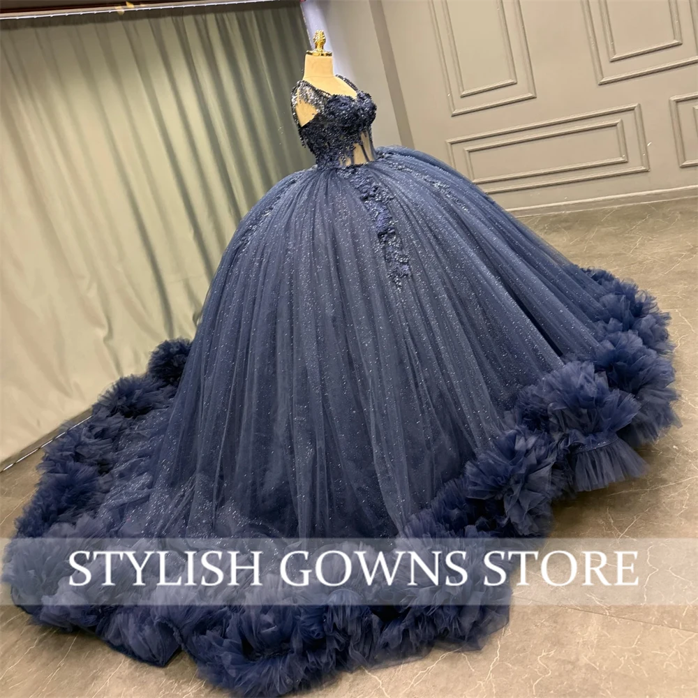 

Luxury Navy Blue Quinceanera Dresses Off-Shoulder 3D Flowers Tulle Ball Gowns Birthday Sweet 16 Vestidos De 15 Anos Customized