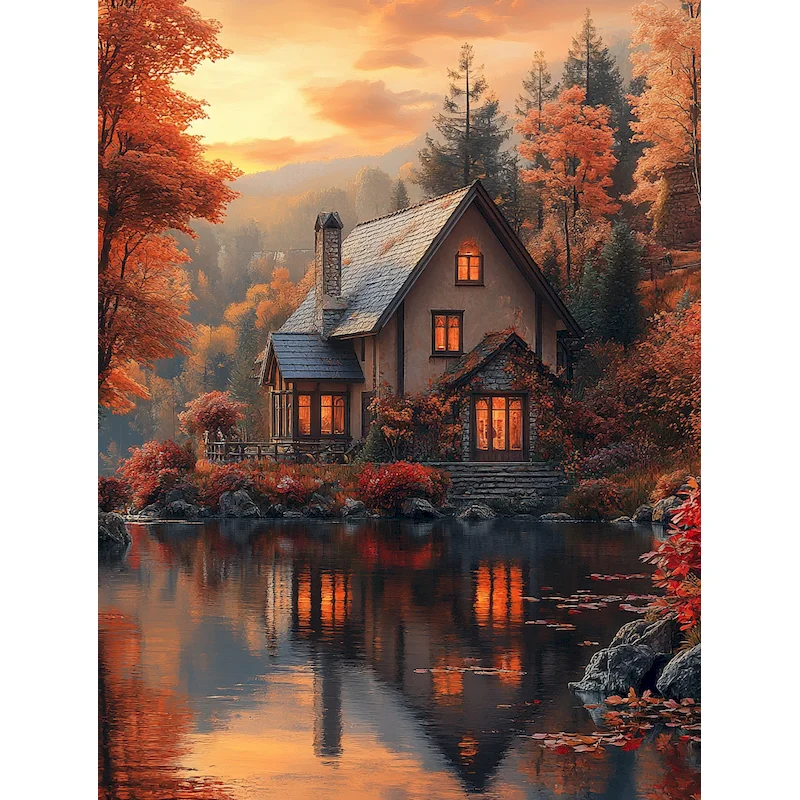 Frameless, Full Square Round Diamond Painting Cabin Landscape Diamond Embroidery New Arrival Mosaic Rhinestone Forest Home Decor