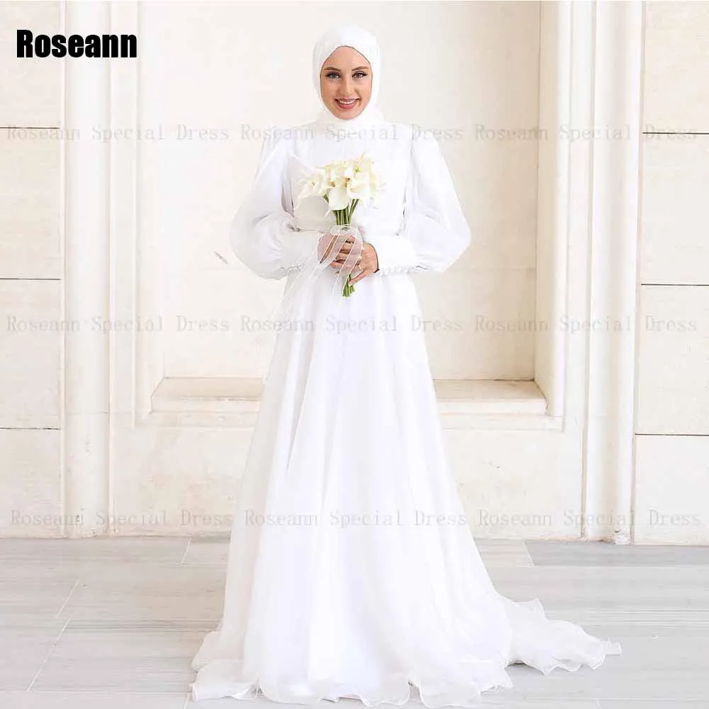 Muslim High Collar A-line Wedding Dresses Button 2024 New Brush Train Full Draped Pleat Floor Length Bride Dress robe de mariée