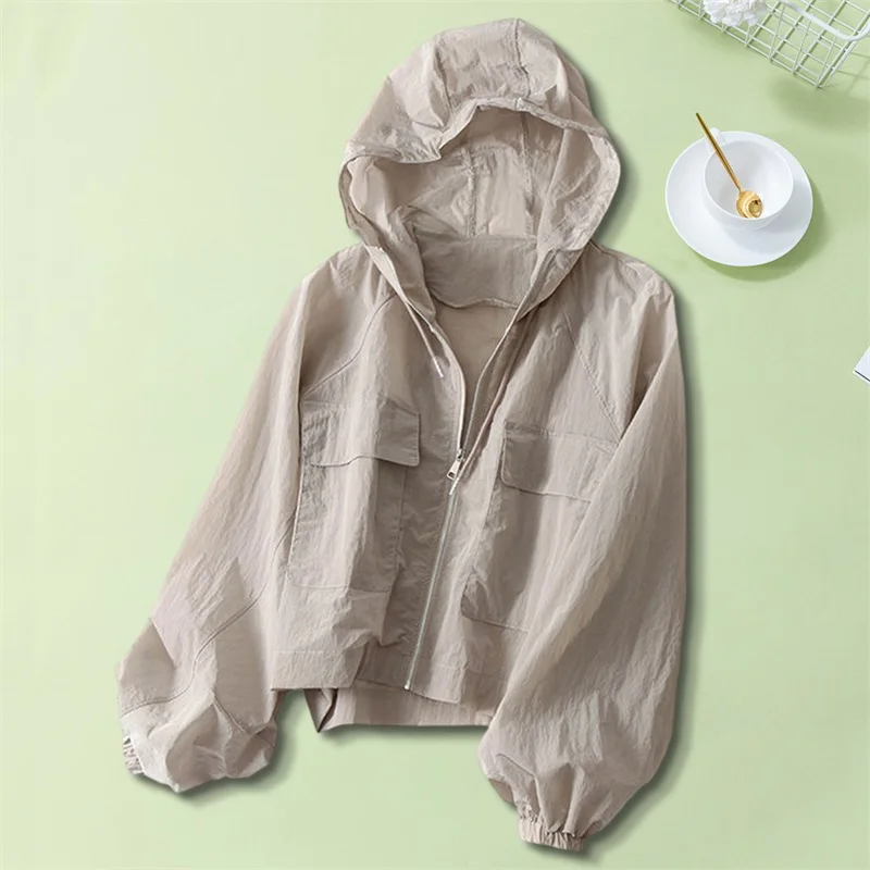 Puloru Sun Protection Cropped Jackets Women Solid Color Long Sleeve Zipper Hoodie Outwear with Pockets for Summer Spring