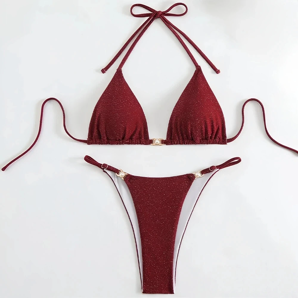 Burgundowy Zestaw Bikini Damski Vintage Wiązany na Szyi z Wysokim Wycięciem, Strój Kąpielowy z Cekinami i Złotymi Akcentami, Luksusowa Brazylijska Odzież Plażowa