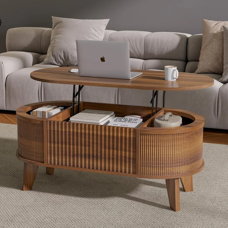 

Fluted Lift Top Coffee Table with Storage,Modern Oval Coffee Tables Living Room or Home Office（Walnut）
