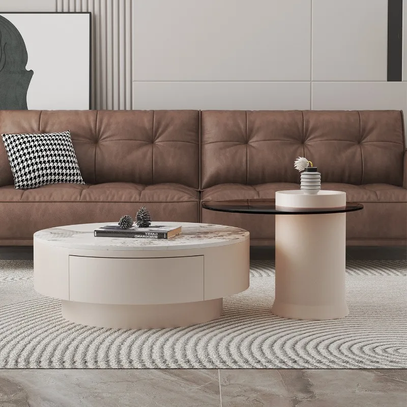 Round rock slab coffee table, small apartment living room home modern simple cream style coffee table