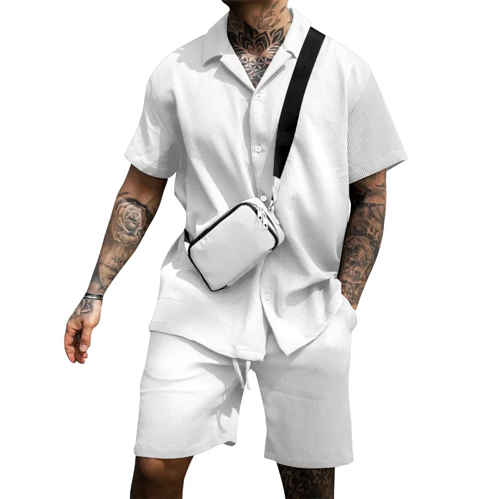 2023 Men\'s Sets New Casual Comfortable Button Short Sleeve Polo Shirt and Shorts Two Piece Set for Men Fashoin Sweatpants Suit