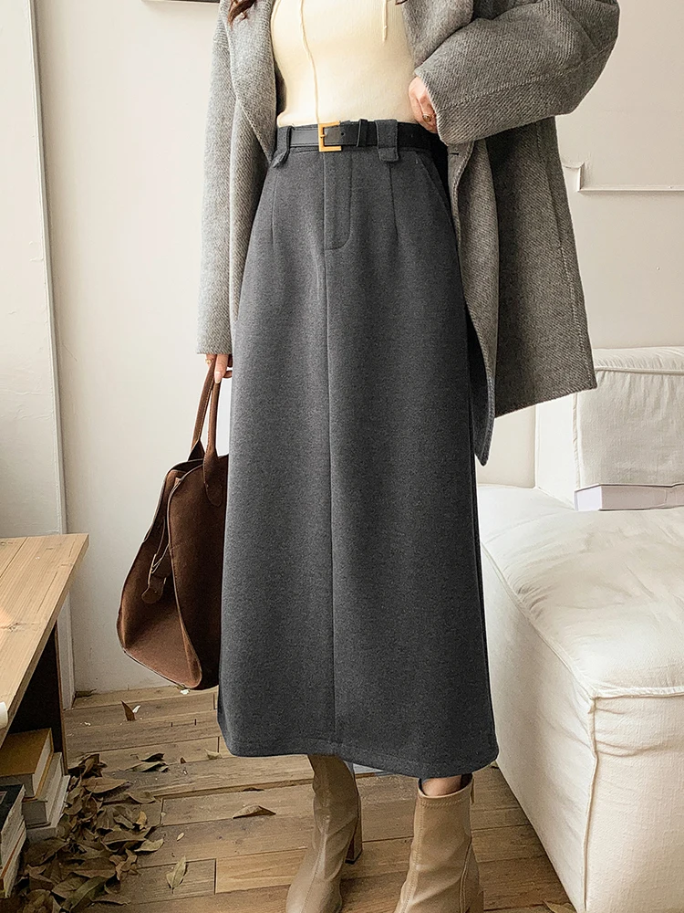 Fashion Ancola Red Wool Skirt Women's Mid-length A-line Skirt Loose Straight Slit Skirts Sashes Pocket Skirts Autumn Winter New