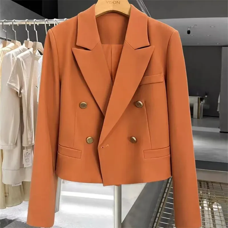 Women Short Fashion Suit Jacket 2024 Spring Autumn New High-End Coat Double Breasted Buckle Korean Style Small Suit Top Female