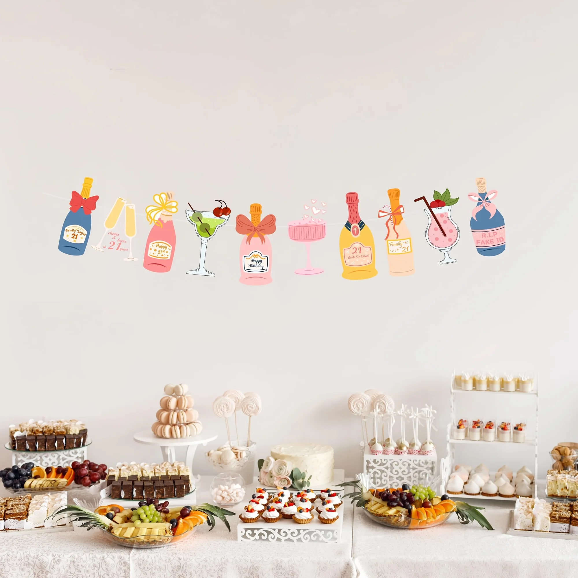 Ensemble de bannière pour bouteille et verre de champagne et autres boissons - Rose et blanc - Décoration de fête pour 21e anniversaire, enterrement de vie de jeune fille