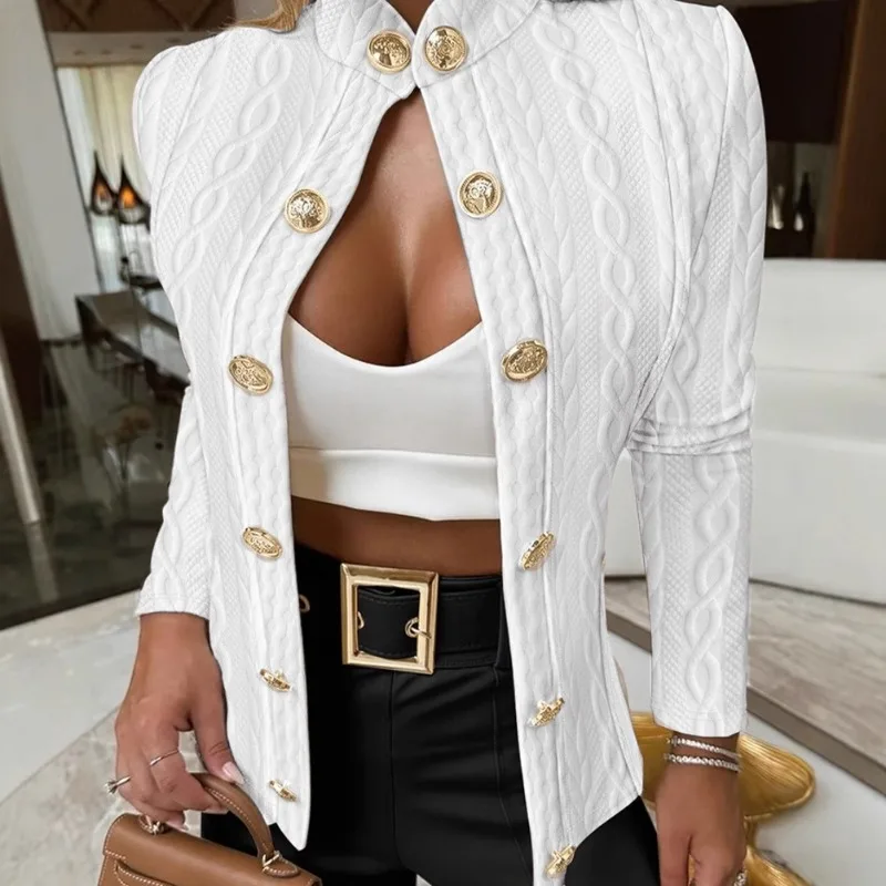 Nieuwe damesjas met metalen gesp, decoratieve opstaande kraag, slim-fit jack met lange mouwen