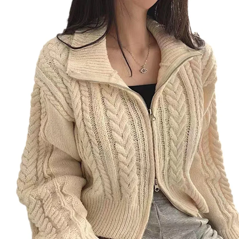 Korean Fried Dough Twists Sweater Coat Female Autumn Winter Retro Temperament Student Double Zipper Solid Knitting Cardigan Top