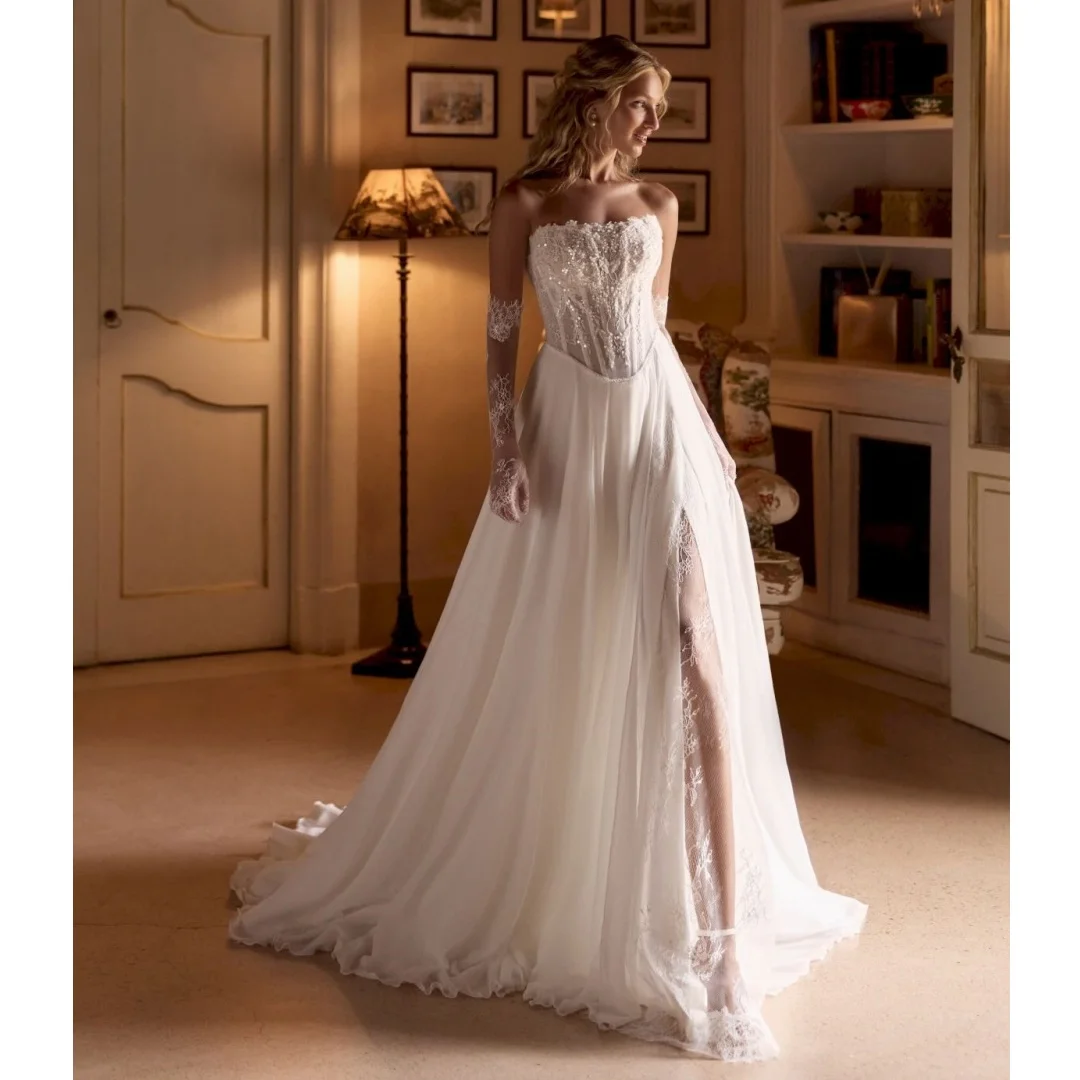2026 Beach Chiffon Wedding Dresses Bustier Corset Sweetheart Lace Sequined Bridal Gown Flowy Slit robe de mariée Customized