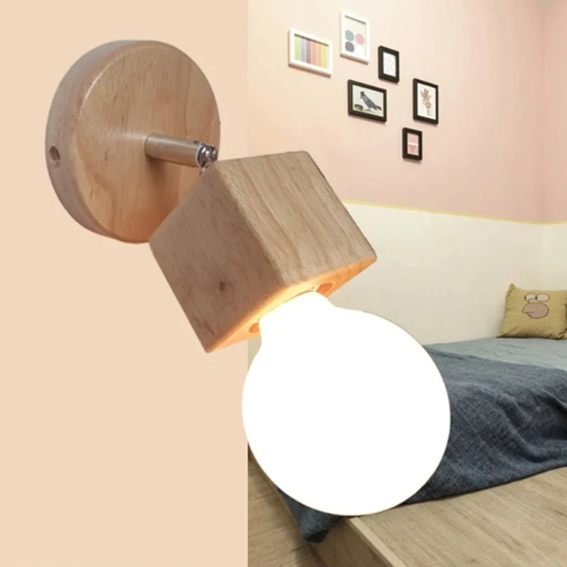 

Solid Wood Scone Wall Light Nordic E27 Bedroom Bedside Led Lighting Stair Aisle Hallway Lamps For Home Indoor Wall Lamp