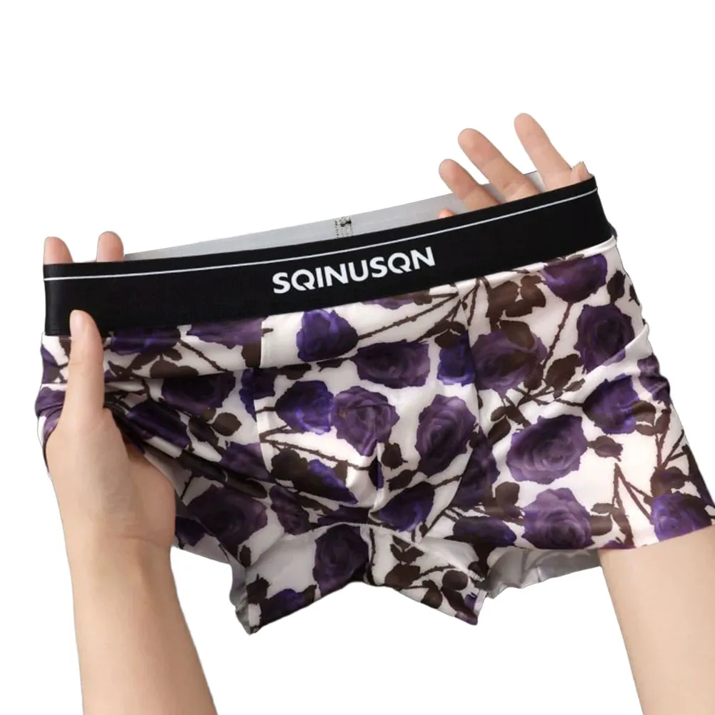 Men Rose Printed Retro Underwear Boxer Shorts Breathable Seamless Trunks Panties Boxer Shorts Sexy Thin Flat Corner Panties