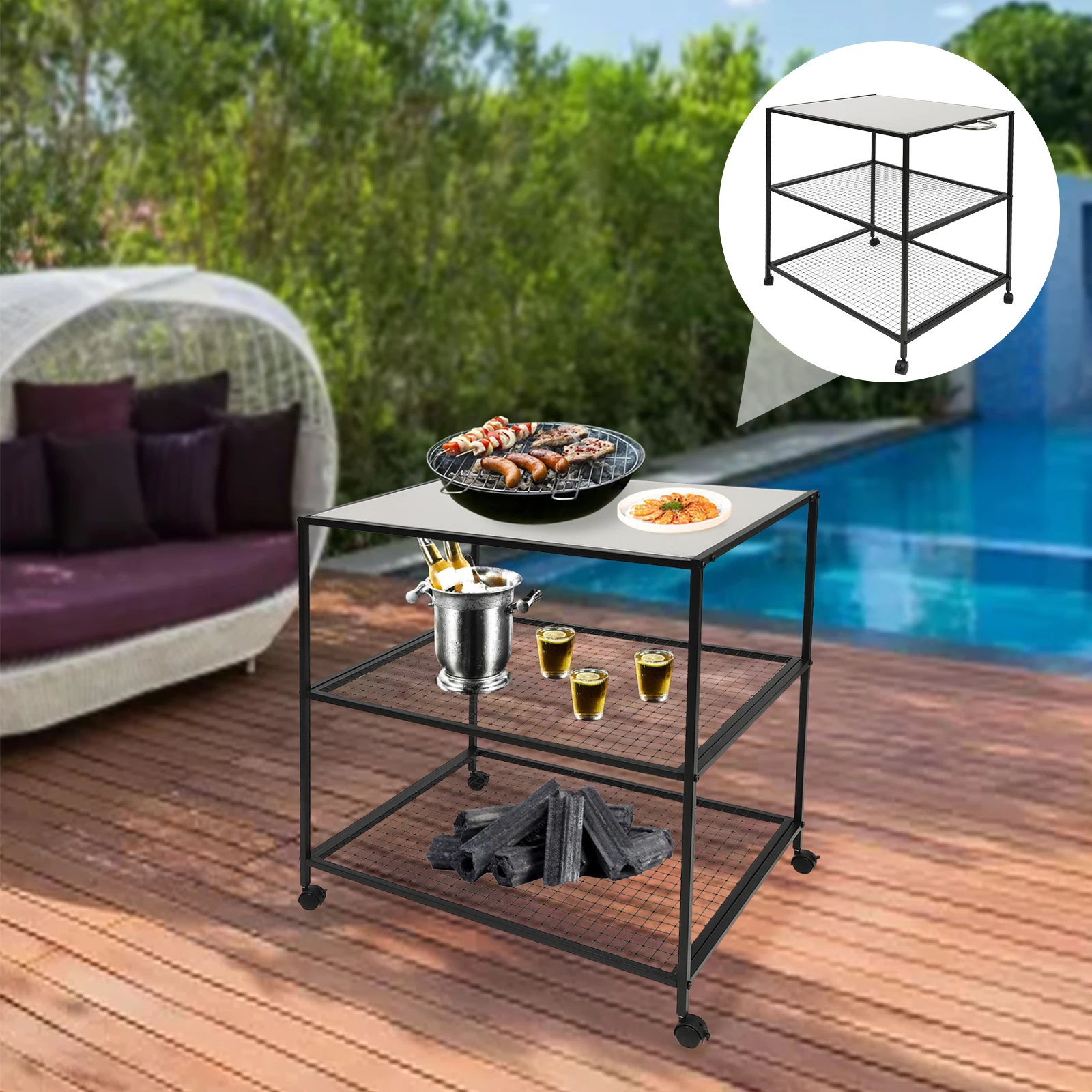 

Тележка для хранения принадлежностей для барбекю на открытом воздухе с/без ручки, передвижная тележка-столик с 3 полками для гриля, рабочая тележка для приготовления пищи, обеденный стол