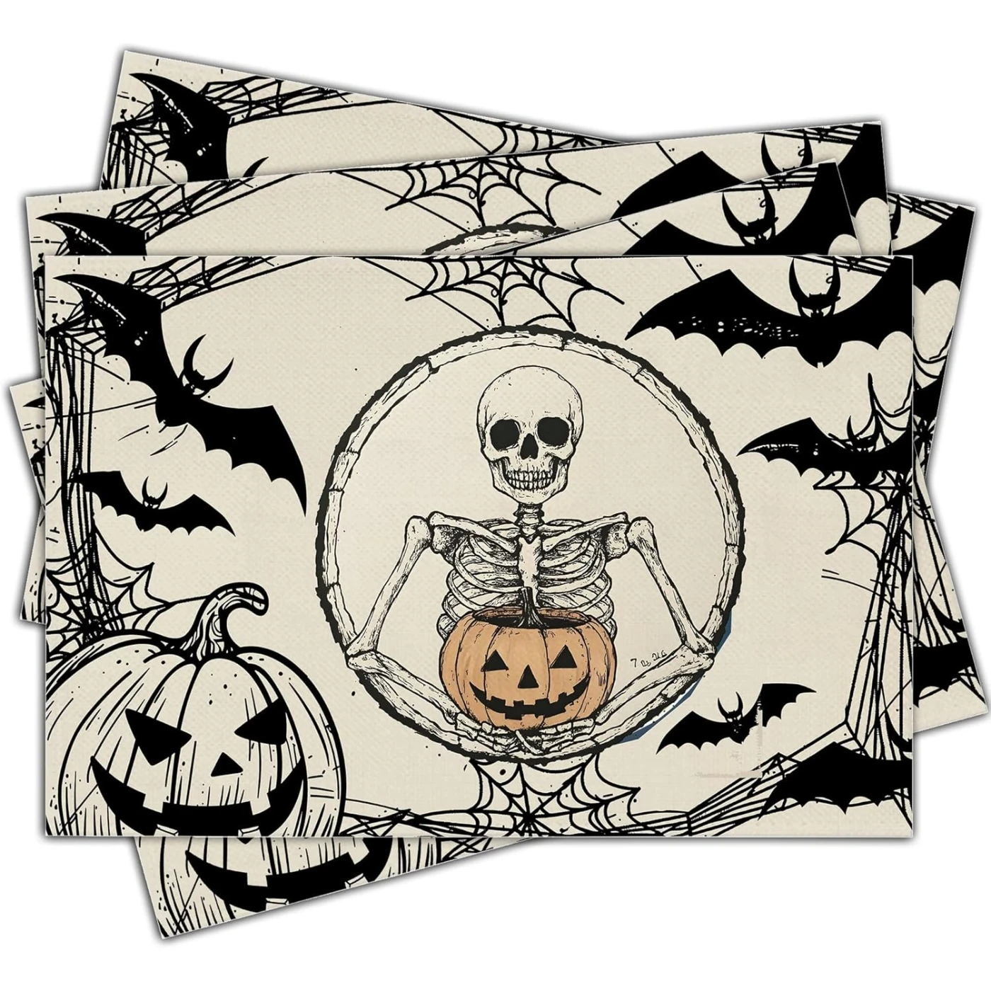 

Halloween Skeleton Placemats Set of 4, 12x18 Inch Pumpkin Bats Table Mats, Washable Heat Resistant Place Mats for Kitchen