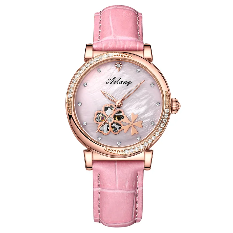 Lucky Grass Style 34 мм женские автоматические механические часы розовое золото с бриллиантовым корпусом розовый жемчужный циферблат женские наручные часы для девочек