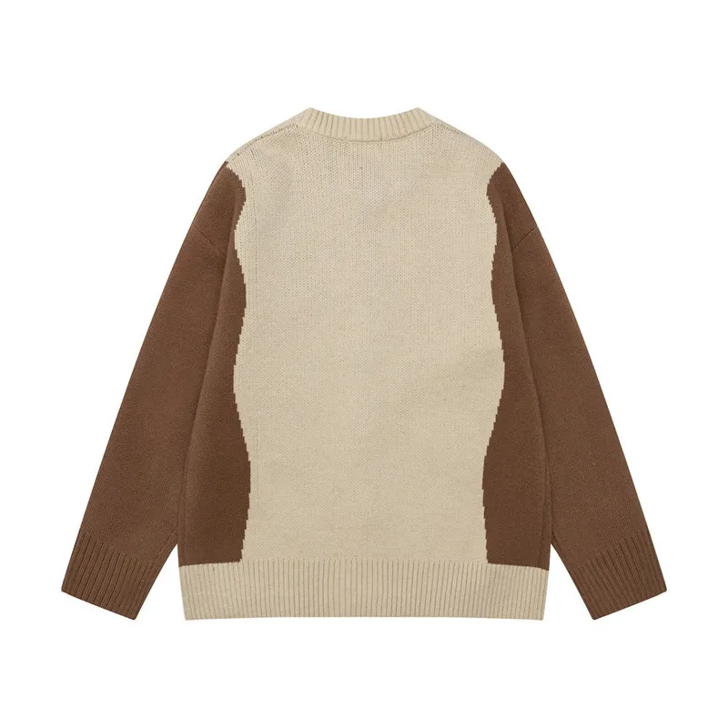 QICHE Men Shape Patch‑Embroidered Color‑Block Crew Neck Cardigan Loose Trendy Knit Outerwear For Spring Autumn