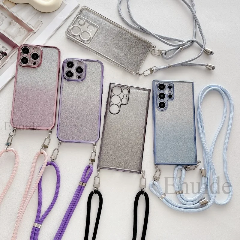 حافظة بحزام قابل للتعديل لهاتف آيفون 16 برو ماكس 15 بلس 11 12 13 14 برو 17 حبل كروس هوائي غطاء ورقي لامع مطلي شفاف