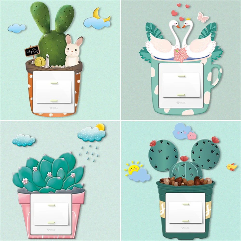 1Pcs Leaf Green Cactus Plant Switch Wall Sticker PVC Wide Application DIY Flower Leaf Switch Wall Sticker Home Decoration Decal